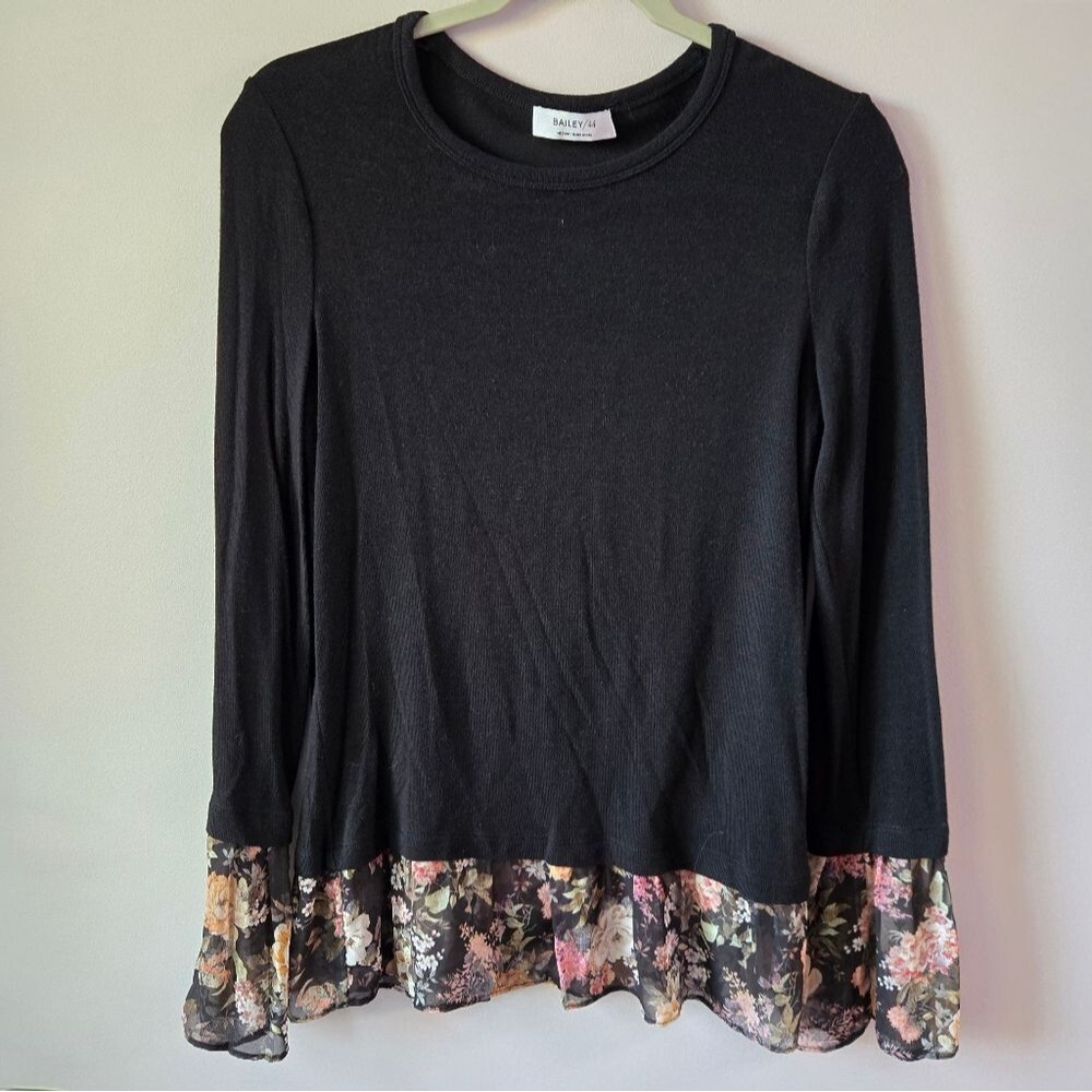 Bailey 44 Black Long Sleeve Top with Floral Chiffon Tiered Hem & Cuffs - Size Me